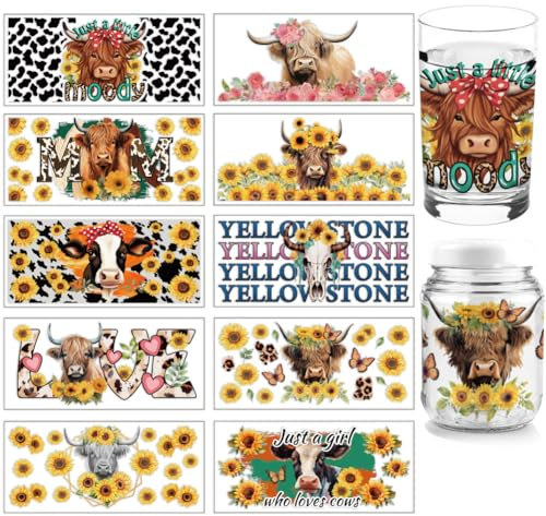 arricraft 10 Blatt UV DTF Cup Wrap, 10 Stile Bunte Kuh Sonnenblumen Worte Rub Auf Transfers PVC Transfer Aufkleber wasserdichte Rubbelbilder Für DIY 16OZ Glas Tassen Möbel