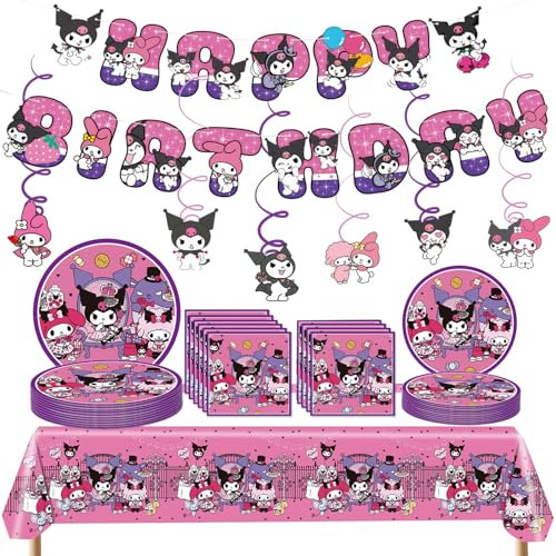 Décoration d'anniversaire de dessin animé pour enfants - Bannières d'anniversaire - Vaisselle de fête rose - Serviettes de table sur le thème de l'anime - Cadeau de fête d'anniversaire pour filles et