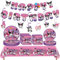Décoration d'anniversaire de dessin animé pour enfants - Bannières d'anniversaire - Vaisselle de fête rose - Serviettes de table sur le thème de l'anime - Cadeau de fête d'anniversaire pour filles et