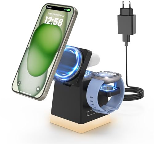 Drahtloses Ladegerät für Fitbit Watch, JoyGeek 3 in 1 Ladestation für Fitbit Versa 4/Versa 3/Sense 2/Sense, MagSafe Ladestand für iPhone 16/15/14/13/12 Serie, für AirPods 4/3/2