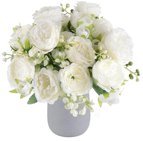 2 Ramos de Peonías Artificiales Decorativas Flores Artificiales Peonías Falsas Blancas con Verdes para Decoración Jarrón Boda Fiesta Mesa Hogar Regalos (blanco 10 flores grandes y 8 pequeñas)