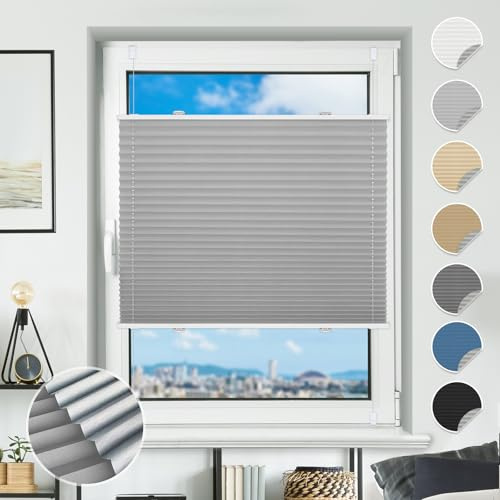 Plissee ohne Bohren Verdunkelung Plissees Klemmfix 75x140cm(BxH) Hellgrau 100% Blickdicht Verdunklungsplissee Fensterrollo innen ohne Bohren Aluminium Rollos für Fenster & Tür