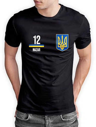 Ukraine T-Shirt personalisiert mit Zahl & Namen - ukrainisches Fußball-Shirt für Herren Damen Unisex zur Europameisterschaft Weltmeisterschaft - Fan-Outfit, Schwarz, Gr. XL