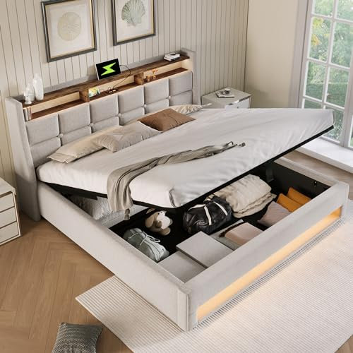 DEKKETO Boxspringbett mit Stauraum, Polsterbet 140x200 Doppelbett mit LED und 2 USB-Anschluss, Hydraulisch Stauraumbett Rückenlehne Bettgestell, Lattenrost aus Holz ohne Matratze, Beige