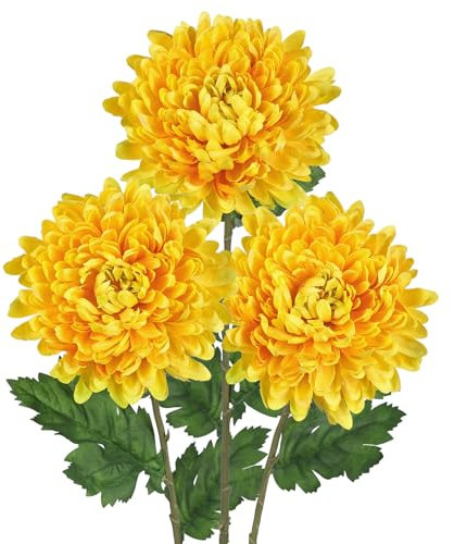 Arborus 3pcs Long Stem Artificial Flowers 6 Large Fake Chrysanthemum Flower with Green Leaf 29.9 Tall Artificial Yellow Flowers Faux Silk Flower for Tall Vases Flora Arrangement Spring Home Decor