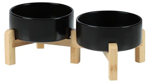 Havniva Lot de 2 gamelles en céramique lestées et réglables avec support surélevé à 2 hauteurs, bols de nourriture et d'eau pour chiot, chat, chaton, 13 cm, 0,4 l, noir