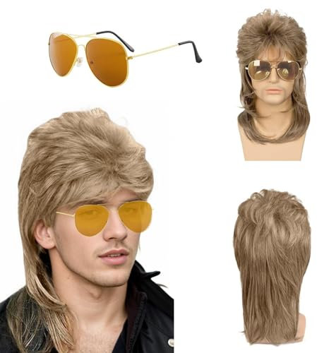 QSZHSL 80er Jahre Kostüm Herren, Vokuhila Perücke Herren, 80er Jahre Rocker Perücke Vokuhila Perücke für Männer, Herren Perücke, 80er Jahre Accessoires, Halloween Party Kostüm Perücken (2 Pcs)