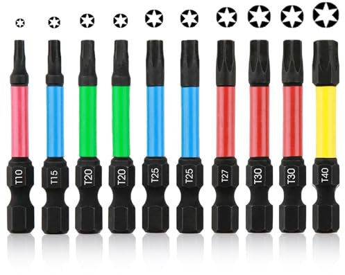 10 PCS 50mm Torx Screwdriver Bit Sets Star Magnetic Screwdriver Drill Bits S2 Steel Impact Drill Security Driver Bits T10 T15 T20*2 T25*2 T27 T30*2 T40-1/4 Hex Shank Professional for Torx Pozidrive