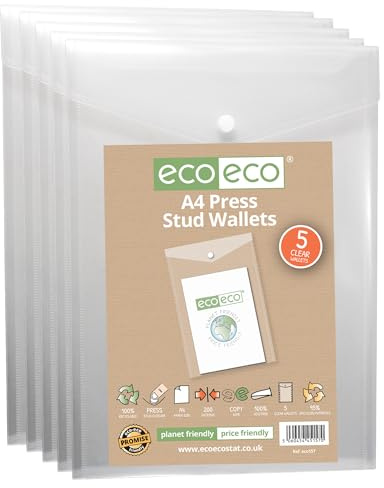 eco-eco eco157 Sichthülle mit Druckknopf, A4, 50% recycelt, transparent, Hochformat, Kunststoff, 330 x 235 mm, 5 Stück, 200 mic, eco157