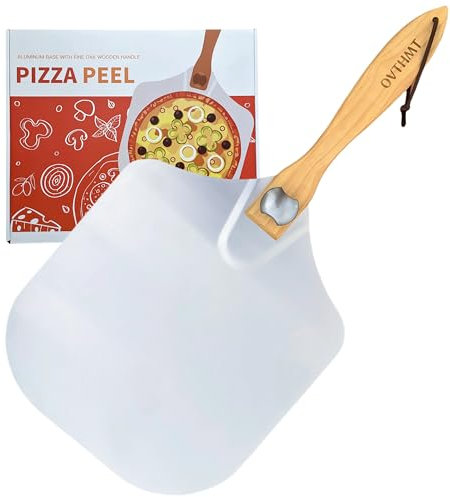 OVTHMT Pizza Peel 12 inch, Aluminum Pizza Paddle 12 x 14 inch with Foldable Wood Handle, Pizza Turning Peel, Pizza Spatula For Oven, Bread, Pastry, Dough, Cake, Pizza Spatula Paddle, Metal Pizza Peel