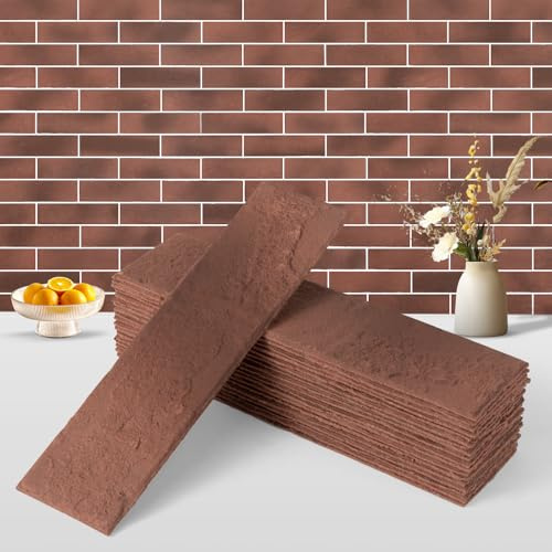 Zoeteoz 100 Pcs Vintage Red Faux Thin Brick Tiles Veneers, Inorganic Modified Clay, 14 Sq.Ft, Interior Wall Decor Backsplash for Living Room, Kitchen Veneers & Skirting, Fireplace Walls