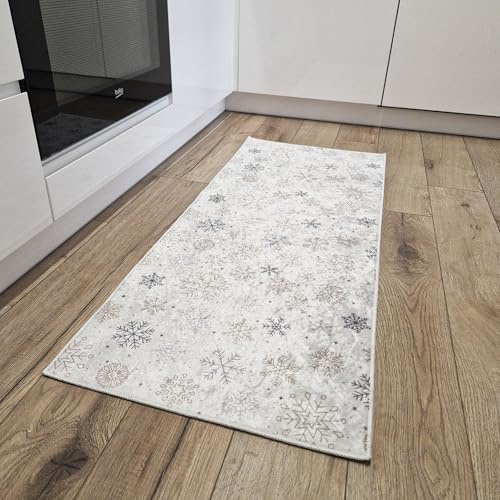 Mazovia Fußmatte Küche 50x140cm Weiß Ecru Weihnachten Glamour Stilvoll | Fußabtreter für Eingangsbereich Badezimmer Schlafzimmer Rutschfest Maschinenwaschbar Kurzflor Wetterfest Pflegeleicht Modern