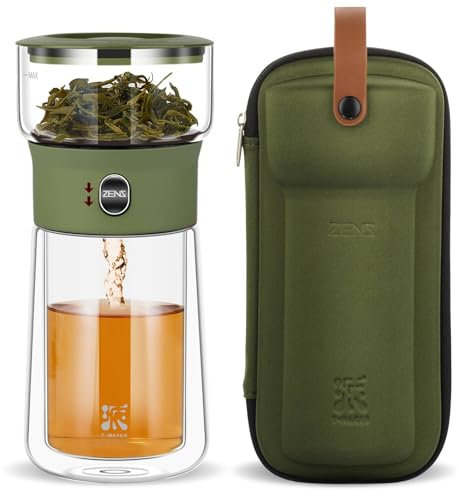 ZENS Modern Teekanne Glas mit Sieb, One-Touch Teezubereiter für Losen Tee mit Isolieren Becher, Portable Tea Maker for Tee Zubereitung mit Armeegrün Tragetasche, Geschenke für Teeliebhaber,