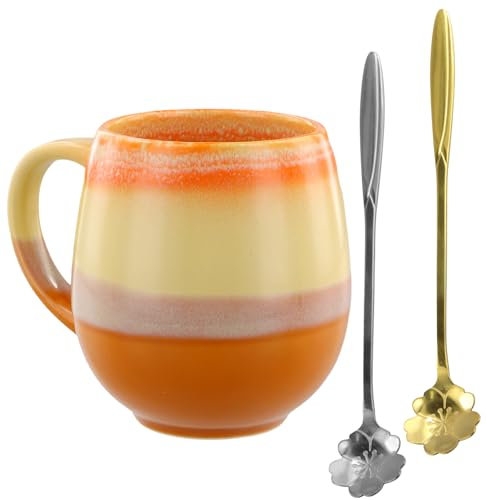 Large Coffee Mug, 500ml Ceramic Mug Vintage, Large Ceramic Tea Mugs with Handle, Big Belly Mug for Coffee, Cereal, Soup, Snacks, Salad, Ice Cream, Orange-Yellow, Comes with 2 Cherry Blossom Spoons