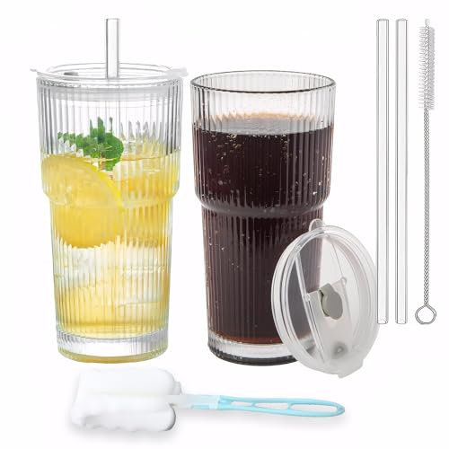 Kongming 2 Pack 600mL Iced Coffee Cup Set,Ribbed Glass Tumbler with Straw and Lid,Durable Leakproof Iced Latte Glass with Straw Brush and Cup Brush,Ideal for Cold Drinks,Smoothies,Cocktails & Matcha