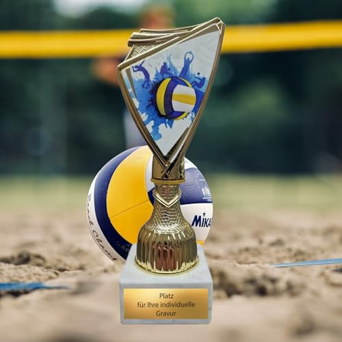 18,5 cm Volleyball Pokal Trophäe - Gold Award mit Marmorsockel & Gravur | Individuelle Sporttrophäe mit 2D-Motiv für Vereine und Turniere, ca. 270 g schwerer Sockel inklusive Wunschgravur.