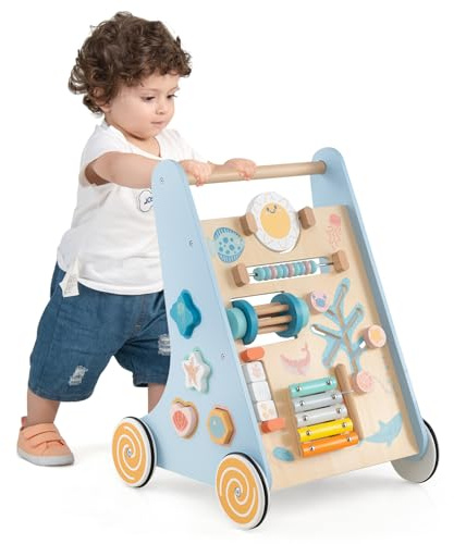 GOPLUS Lauflernwagen Holz, höhenverstellbarer Baby Lauflernhilfe, Baby Walker zum Schieben und Ziehen, multifunktional Montessori Spielzeug mit Rädern und Stauraum, für Kinder ab 1 Jahr