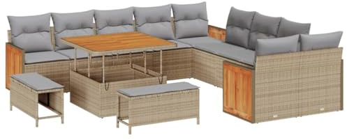 vidaXL Garten-Sofa-Set mit Kissen 13 pcs Beige und Hellgrau, Moderner Garten-Sofa Set, wetterfest, Akazienholz, UV-beständige Materialien, abnehmbare Kissen für draußen