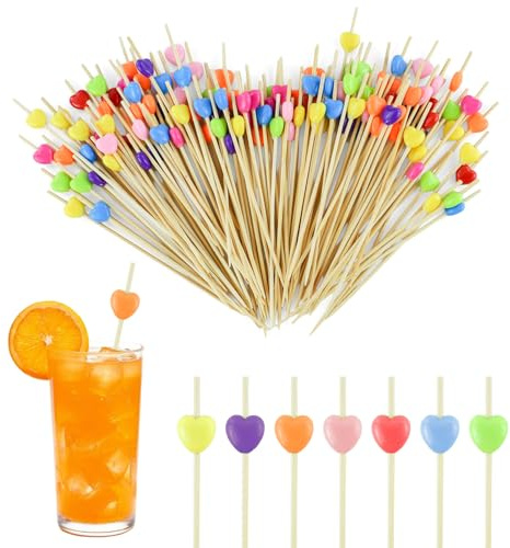 120 palillos de cóctel, palillos de madera con bonita decoración, 12 cm, pinchos para cócteles, comida para bares, pasteles, fiestas y cumpleaños, brochetas de frutas (multicolor)