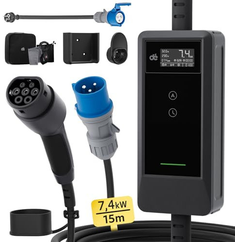 dé Mobile Wallbox/Ladestation 7,4kW [15m|1-phasig|6-32A] mit Einstellbarer Ladeleistung, Ladekabel CEE 32A auf Typ 2 und EV Ladegerät für Model Y/3, ID.3/4/5, MG4, EX30, e-up, e-tron und BEV/PHEV