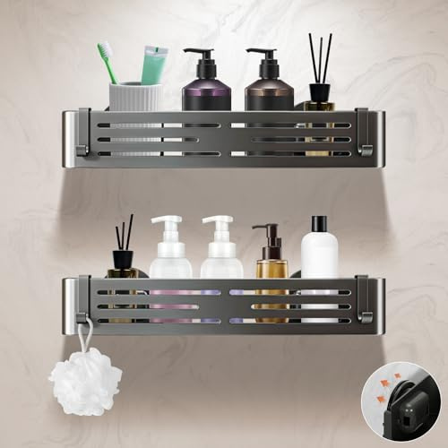 Lekesky Duschablage Ohne Bohren, Starke Saugnäpfe, Rostfreies Aluminium Badezimmer Regal & Organizer, Abnehmbar Badewannenablage für Dusche Bad Küche Mietwohnung, 2er Set, Gunmetal Grau