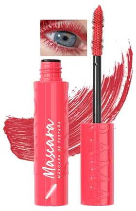 Rot Wimperntusche Wasserfest mit Large Silicone Fiber Brush Head, Langlebig Wischfest, Voluminöse Lash Mascara Lifting Lange Wimpern, Hochpigmentiert Colour Wimperntusche Makeup für Cosplay Party-03