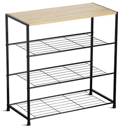BELOFAY 4-Tier Wooden Shoe Storage Rack with Steel Frame, Holds 12–16 Pairs, Black Space Saving Industrial Shoe Rack for Entryway, Bedroom, and Living Room (63 * 30 * 63)