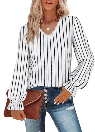 Flikity Striped Tops for Women UK, Ladies Lace V Neck Tops Long Sleeve Top Womens Work Blouses Shirts Tunics for Leggings Spring Autumn Winter Clothes M
