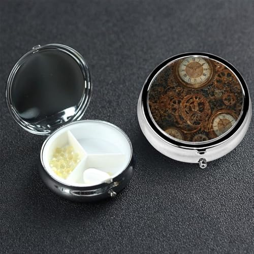 Pillendose, 3 Fächer, Metall, Medikamenten-Organizer, rostige Steampunk-Uhr, Pillendose für Geldbörse oder Tasche, Mini-Reise-Pillen-Halter für Nahrungsergänzungsmittel, Vitamine, Fischöl