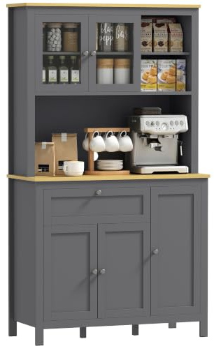 HOMCOM Alacena de Cocina Alta con 5 Puertas y Cajón 100x40x180 cm Gris | Mueble Auxiliar de Cocina, Estante Ajustable, Encimera Abierta de Microondas, Orificio para Cable, para Comedor, Salón