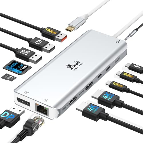 Station d'accueil USB C double écran pour ordinateur portable 13 en 1 USB-C Hub Triple écran avec 2 HDMI, DisplayPort, 5 USBC/A, Ethernet, 100 W PD, SD/TF, audio/micro pour Dell HP Surface, argent