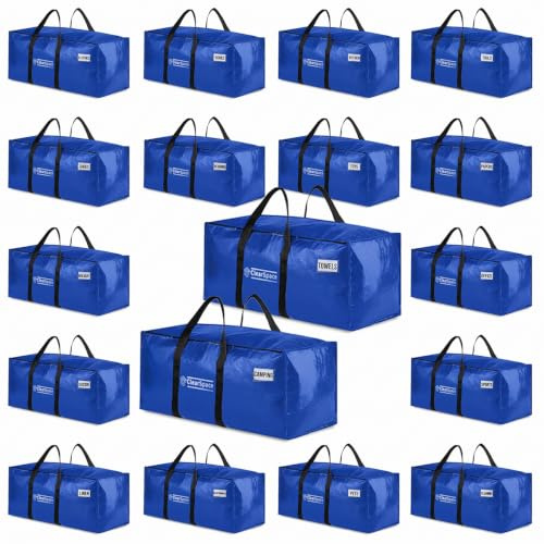 ClearSpace Heavy Duty Moving Bags or Storage Bins with Lids, Blue, 18 Pack | Extra large moving bags with reinforced handles hold clothes, bedding, blankets, and household essentials with ease