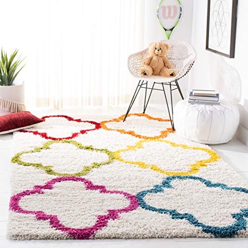 SAFAVIEH Kids Shag Collection Accent Rug - 4' x 6', Ivory & Multi, Rainbow Design, Non-Shedding & Easy Care, 2-inch Thick Ideal for High Traffic Areas in Entryway, Living Room, Bedroom (SGK563A)