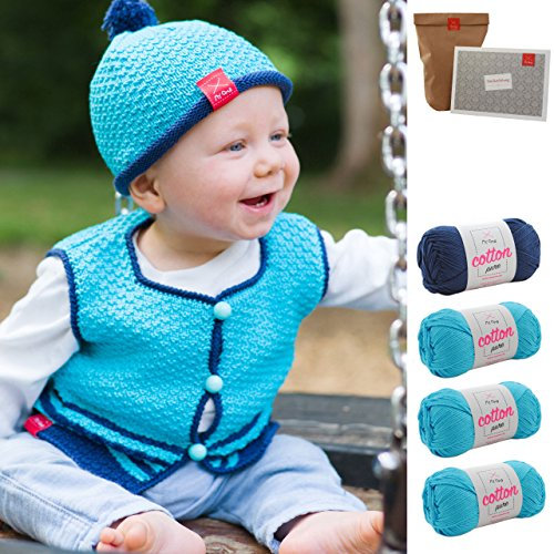 Baby DIY - Strickpackung Baby Weste + Mütze Südseematrose- Weste und Babymütze Stricken – Strickset Baby mit 4 Knäuel Baumwolle Cotton Pure + Strickanleitung – Baby Stricken – DIY Set Baby Myoma
