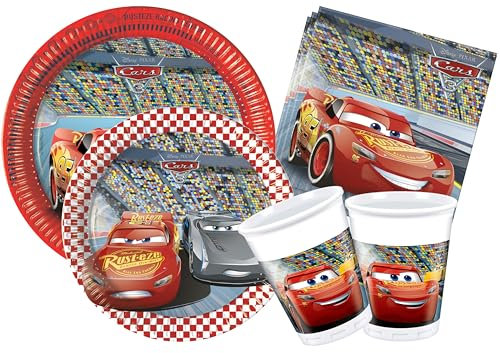 Kit Table Fête Party Disney Cars 3 pour 8 Personnes (44 pièces: 8 Assiettes en Papier Ø23cm, 8 Assiettes en Papier Ø20cm, 8 gobelets 200ml, 20 Serviettes en Papier 33x33cm)
