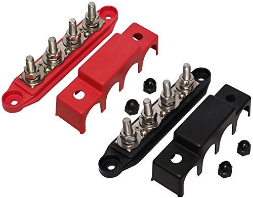 (Red & Black) 5/16 4 Stud Bus BAR Power Distribution Block - Made in The USA - for Marine Battery Terminals, 12v Power and Ground Distribution Blocks - Terminal Block for Battery Terminals - BusBar