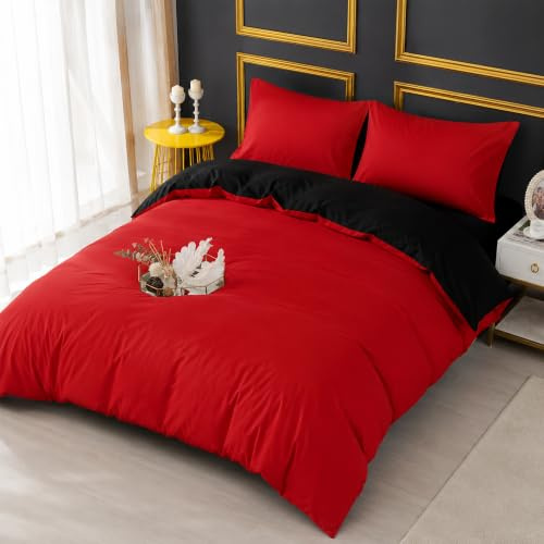 Adam Home 4PCS Complete Reversible Duvet Cover & Fitted Sheet Soft Micro Fiber Bedding Sets by TTO (Red Black, Superking)
