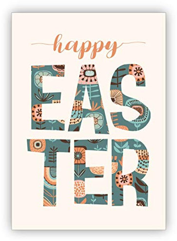 Im 5er Set: Edle englische Typo Osterkarte mit Blumen: happy easter - Grußkarte zum Osterfest für Familie, Freunde & Kunden
