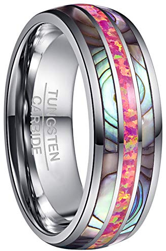 VAKKI 8mm Ring aus Wolfram mit Opal und Abalone Muschel Herren/Damen Silber Freundschaftsring Verlobungsringe Ehering Polierte Oberfläche Größe 54 bis 72 (17.2-22.9)