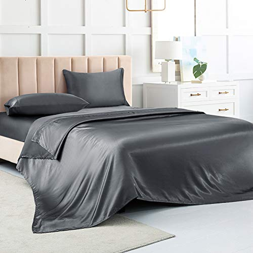 Luxbedding Satin-Bettwäsche-Set für Queen-Size-Bett, Grau, Seide, 4-teilig, Weiches Bettwäsche-Set mit 1 tiefen Spannbettlaken, 1 Bettlaken, 2 Kissenbezügen