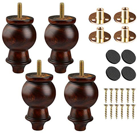 Btowin 6 inch Solid Wood Furniture Legs, 4Pcs Glaze Turned Wooden Bun Feet with Threaded 5/16'' Hanger Bolts & Mounting Plate & Screws for Sofa Cabinet Couch Loveseat Dresser