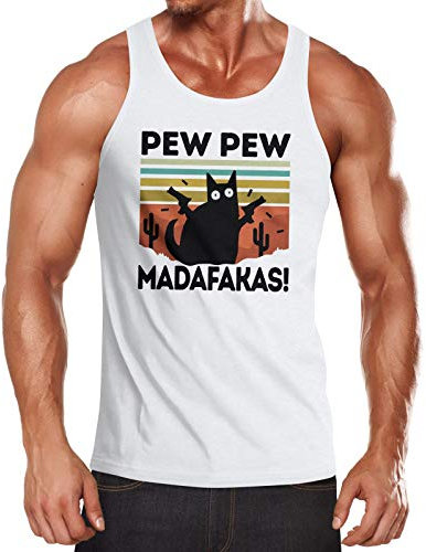 MoonWorks® Herren Tanktop Pew Pew Madafakas! Schwarze Katze Spruch Meme lustig Muscle Shirt Achselshirt weiß XL
