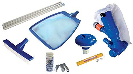 Höfer Chemie 7tlg. Pool Zubehör Starter Set Kescher, Teststreifen, Schwimmdosierer, Bodensauger für Pool & Schwimmbad