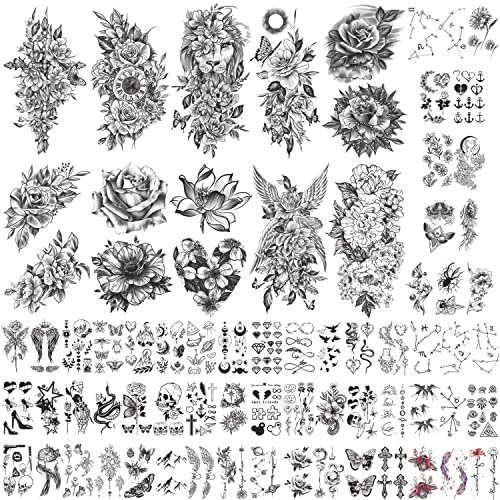 Metuu 70 Sheets Waterproof Temporary Tattoos Stickers for Men, Women, Boys and Girls, Roses Peony Butterfly Wing Body Hand Shoulder Arm Leg Half Sleeve Realistic Fake Tattoos
