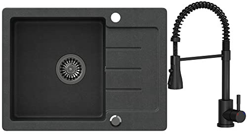VBChome Fregadero de granito negro con grifería, 60 x 44 cm, fregadero individual, empotrable, reversible, compuesto + sifón para lavabo, caño giratorio, caño de resorte