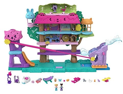 Polly Pocket Pollyville - Casa sull'Albero dei Cuccioli, playset a 5 piani, oltre 15 pezzi gioco: 2 bambole, veicolo, 4 animali, Giocattolo e regalo per Bambini 4+ Anni, HJJ98