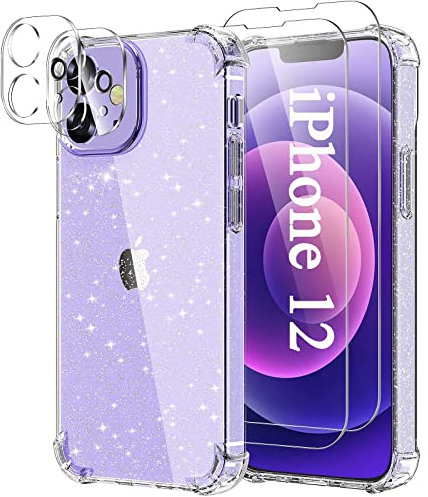 YIRSUR Coque Compatible avec iPhone 12 Paillettes, avec 2 Verre Trempé Protection écran et 2 Caméra Arrière Protecteur, Transparent Glitter Etui Silicone TPU Bumper Antichoc Housse