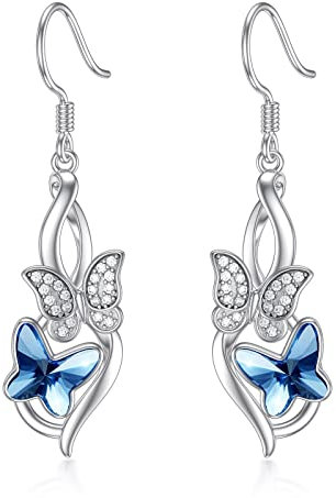 Flpruy Schmetterling Ohrringe Hängend 925 Sterling Silber, Damen Infinity Schmetterlings Anhänger Ohrringe Schmuck mit Kristall aus Österreich, Geburtstags Geschenke für Mädchen Frauen Mutter (Blau)