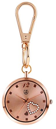 JewelryWe Herz Uhr mit Karabiner Schlüsselanhänger: Damen Karabineruhr Glitzer Strass Herz Analog Quarz Taschenuhr mit Rosegold Rundem Gehäuse und Rosa Zifferblatt