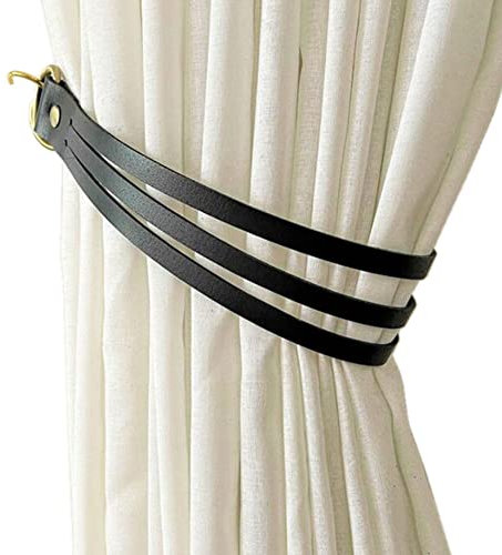 JfwuHap Lot de 2 embrasses de rideaux en cuir, supports de tringle à rideaux en cuir, cordes épaisses, embrasses de rideaux décoratives, boucle de rideau décorative (noir)